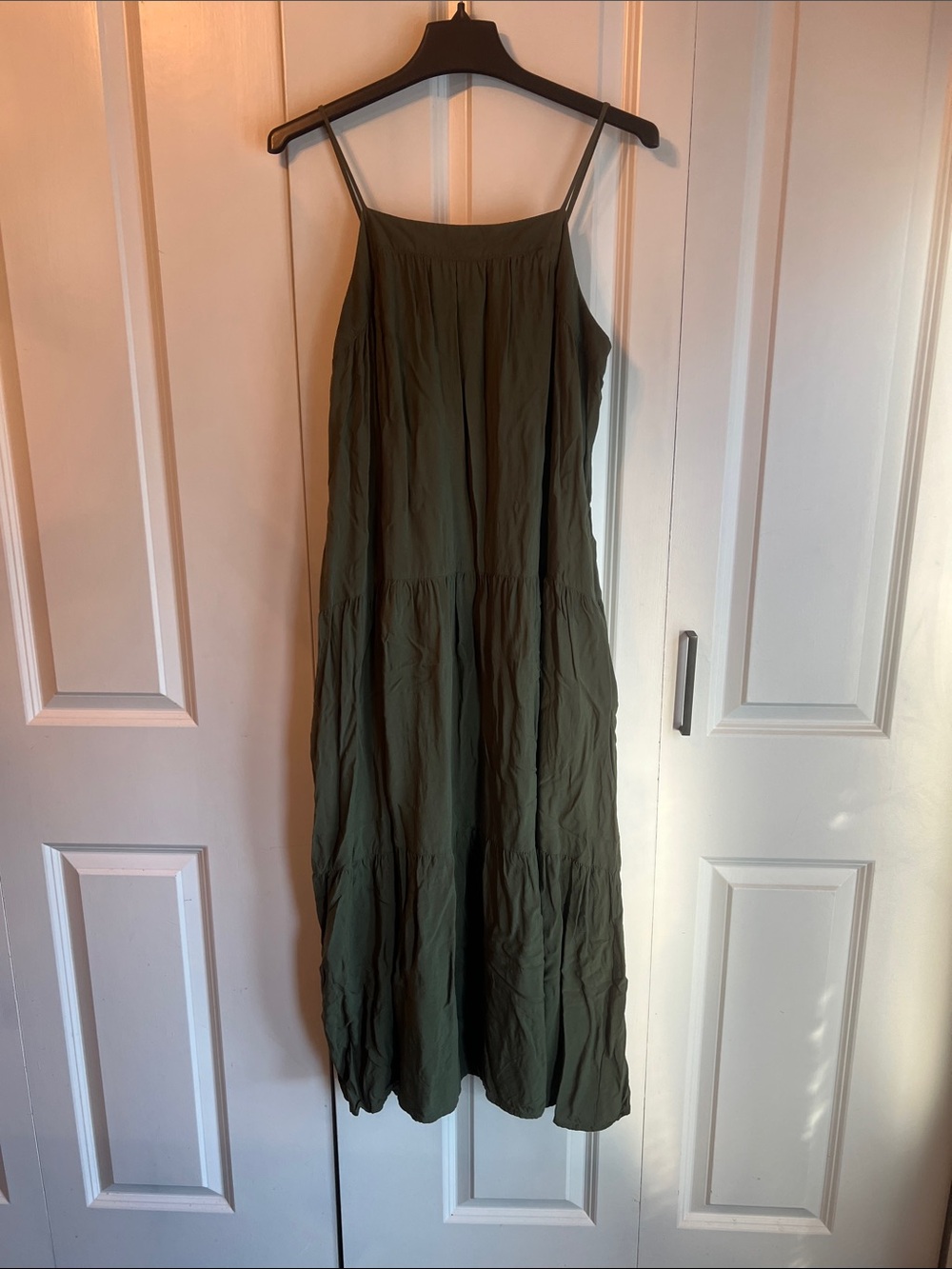 Time and Tru Olive Tiered Spaghetti-Strap Maxi Dress with pockets